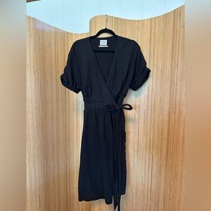 Black Linen Wrap Dress with Pockets | Size L
